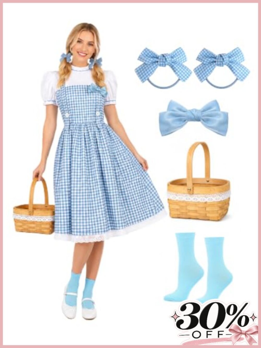 Women Halloween Dorothy Costume Gingham Dress Socks Basket Bow Set